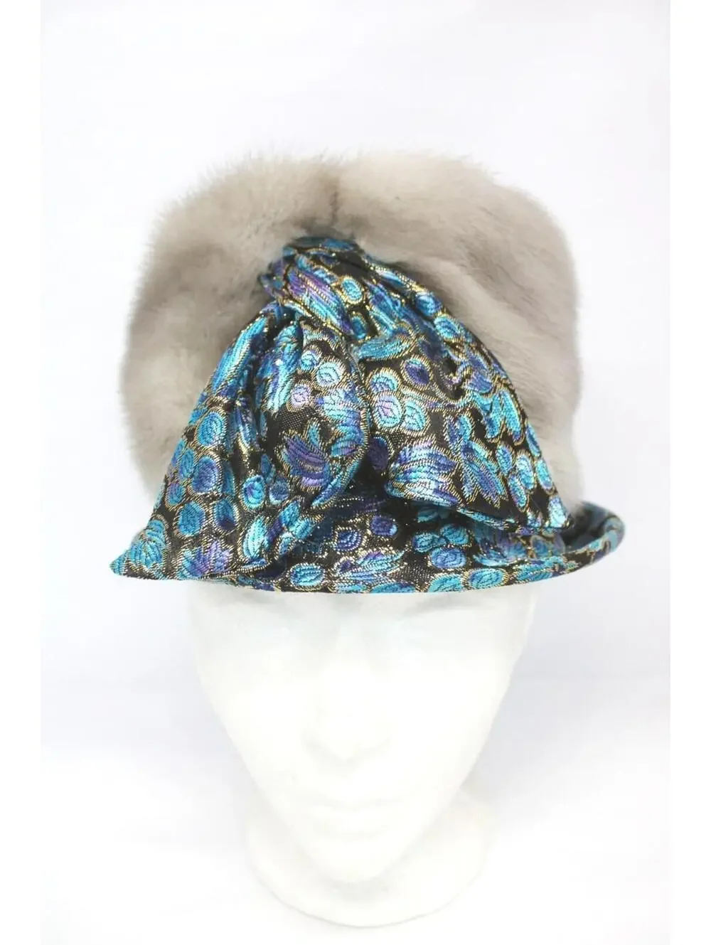 EXCELLENT CANADIAN SAPPHIRE MINK FUR & FABRIC HAT WOMEN WOMAN SIZE 20" - Picture 1 of 5